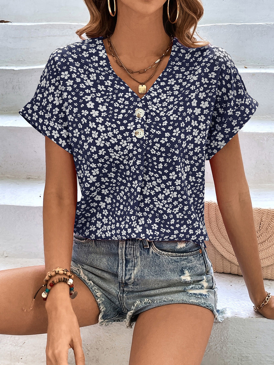 Printed V-Neck Short Sleeve Blouse with Buttoned.