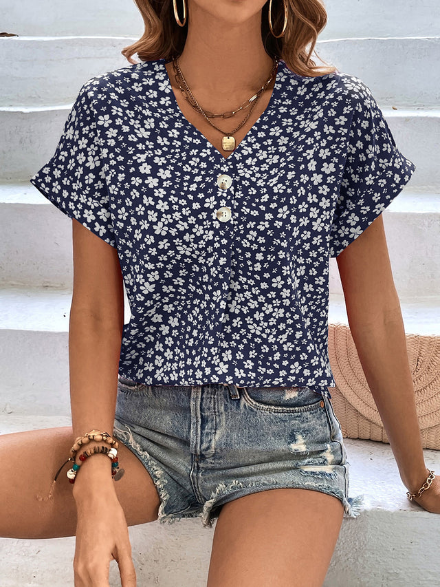 Printed V-Neck Short Sleeve Blouse with Buttoned.