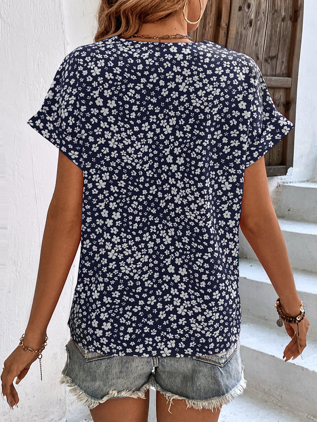 Printed V-Neck Short Sleeve Blouse with Buttoned.