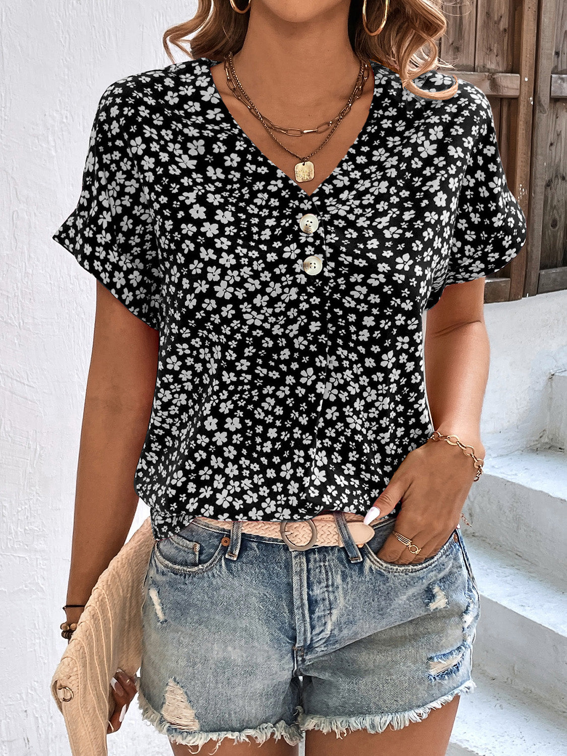 Printed V-Neck Short Sleeve Blouse with Buttoned.