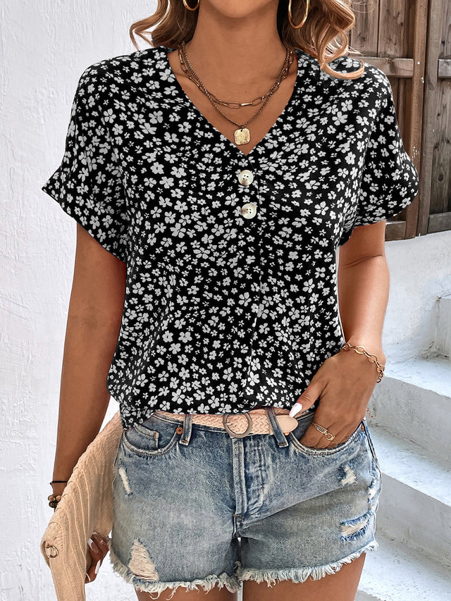 Printed V-Neck Short Sleeve Blouse with Buttoned.