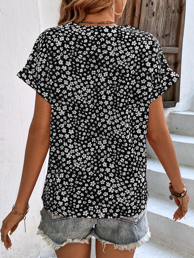 Printed V-Neck Short Sleeve Blouse with Buttoned.
