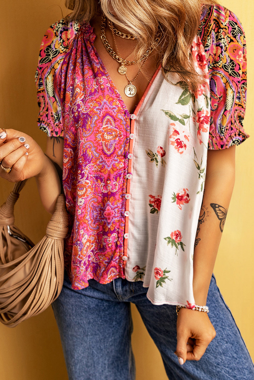 Printed V-Neck Short Sleeve Blouse with Buttoned.