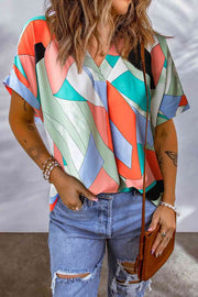 Printed V-Neck Short Sleeve Blouse.