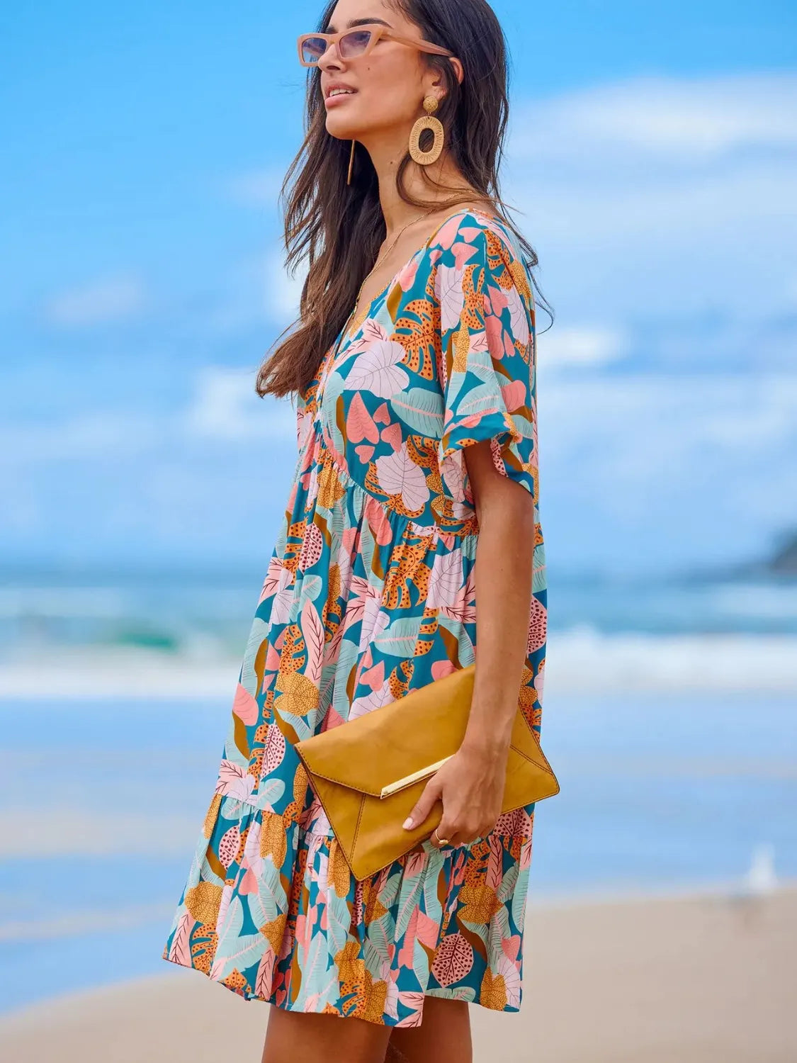 Printed V-Neck Short Sleeve Dress.