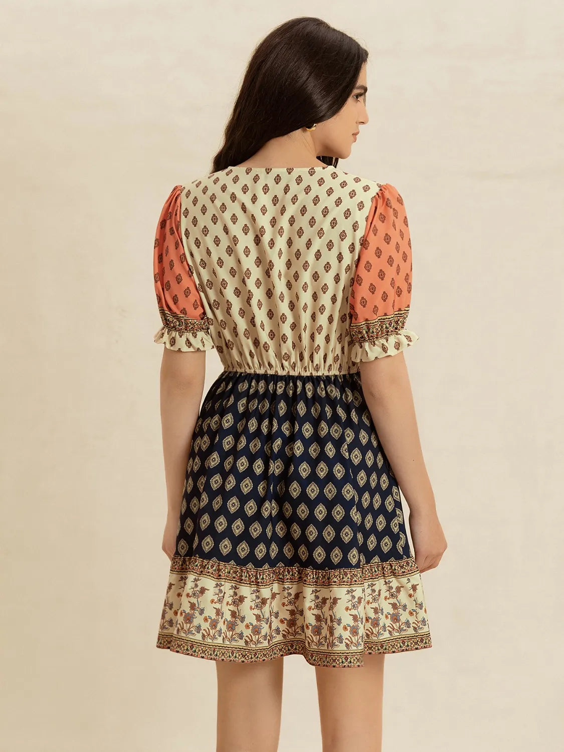 Printed V-Neck Short Sleeve Dress.