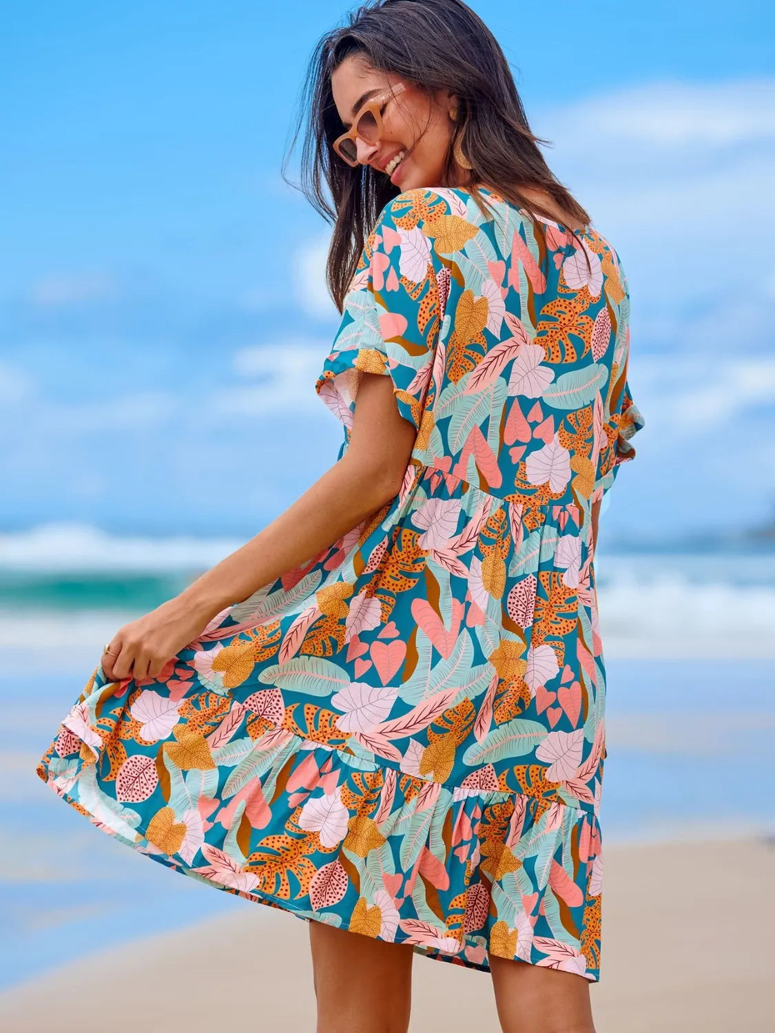 Printed V-Neck Short Sleeve Dress.
