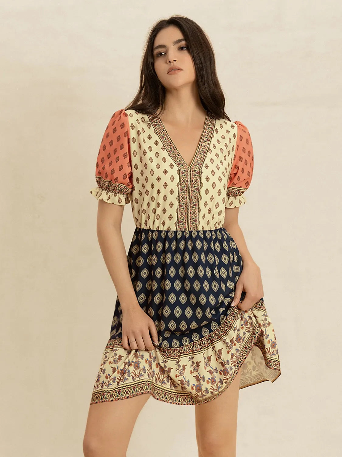 Printed V-Neck Short Sleeve Dress.