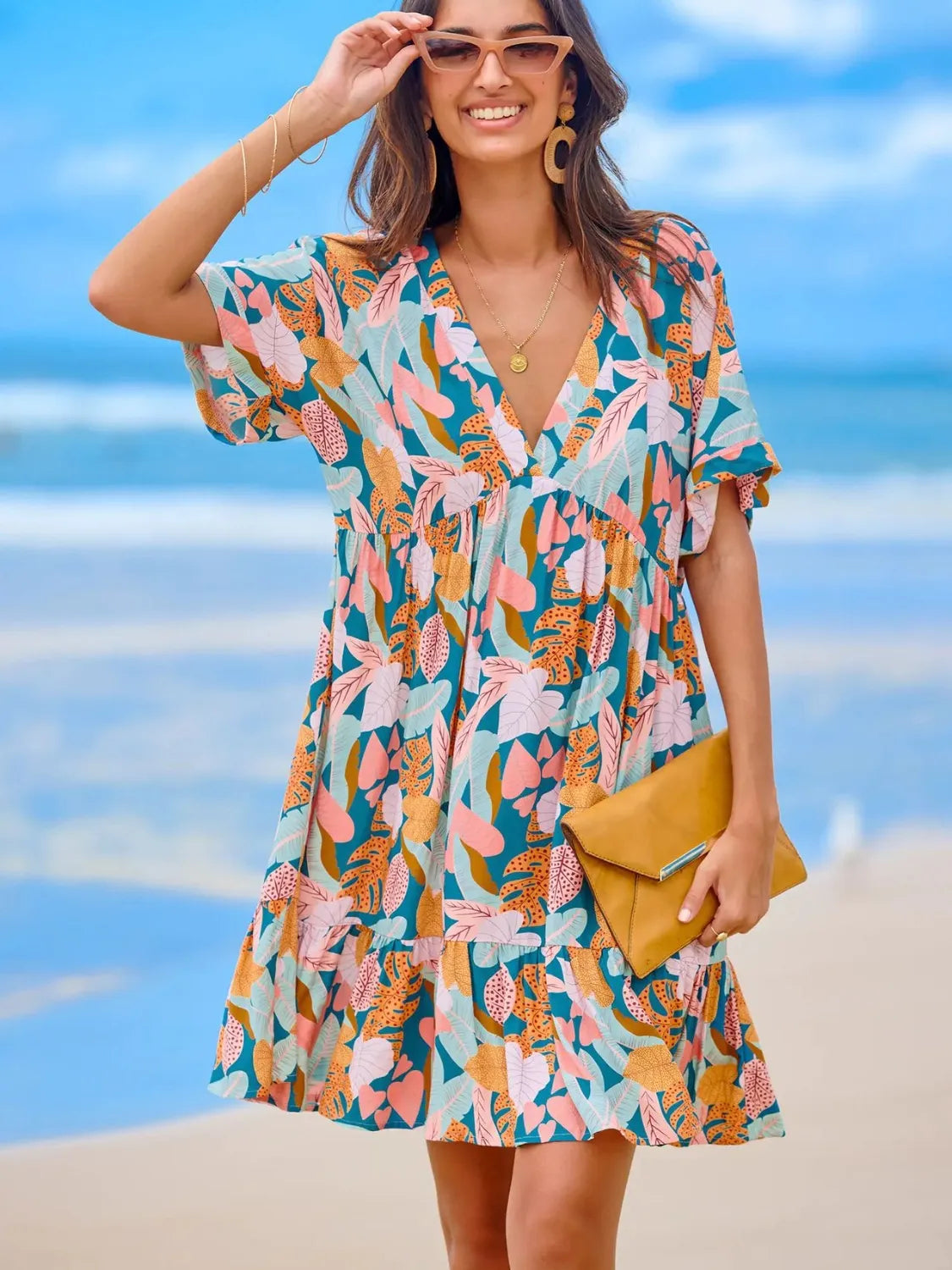 Printed V-Neck Short Sleeve Dress.