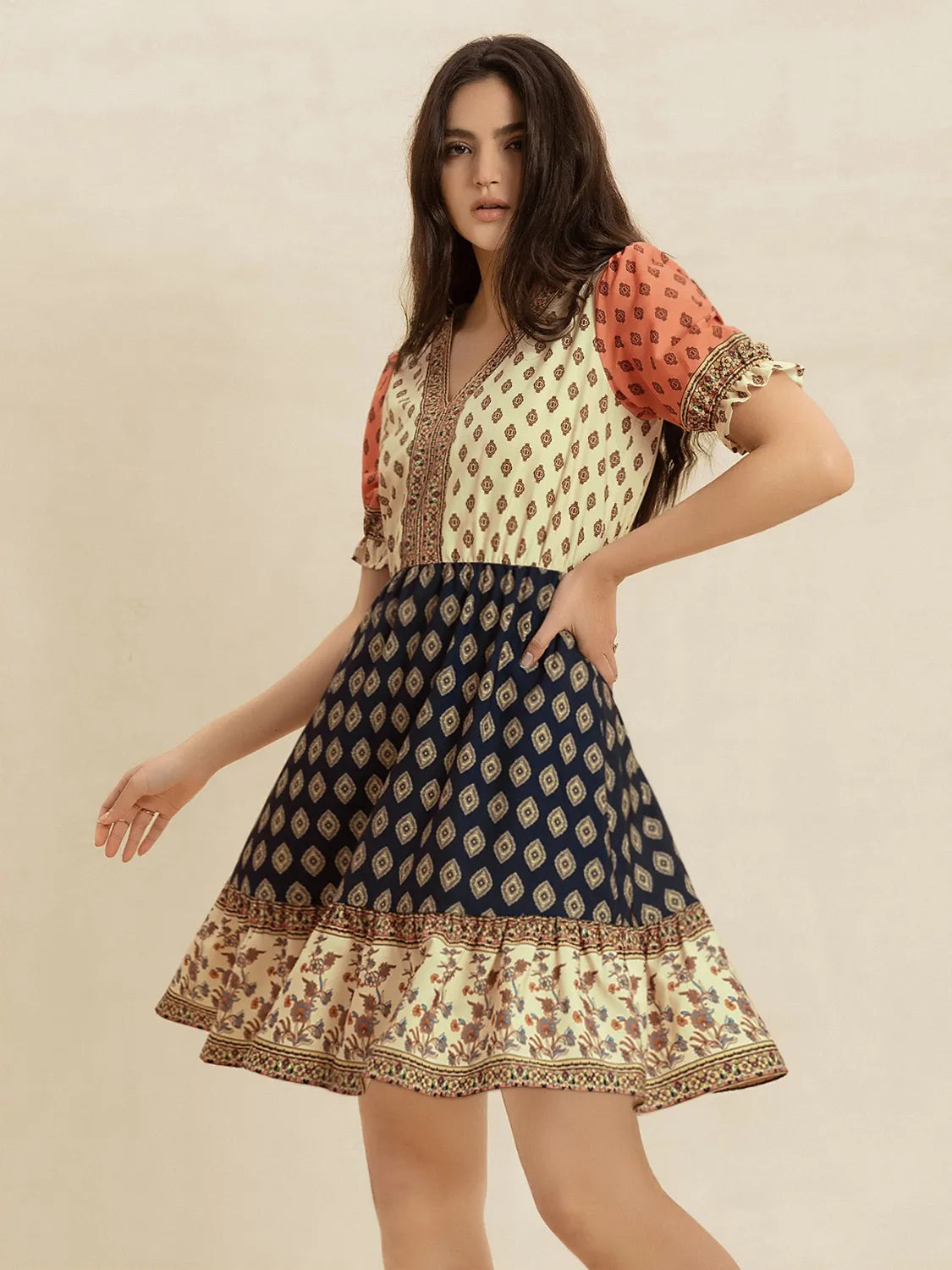 Printed V-Neck Short Sleeve Dress.
