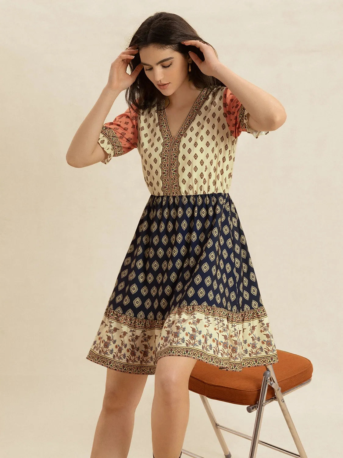 Printed V-Neck Short Sleeve Dress.