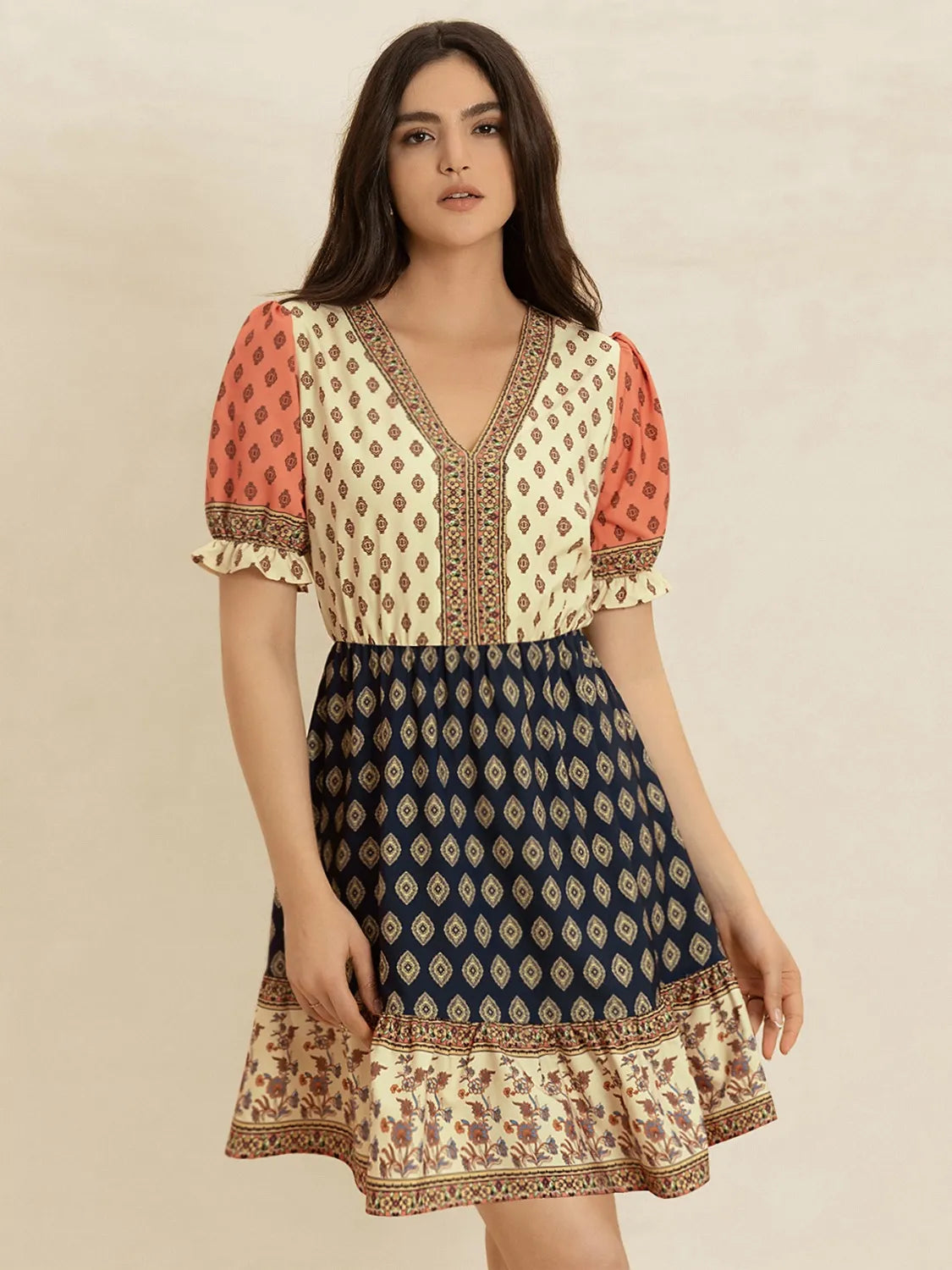 Printed V-Neck Short Sleeve Dress.