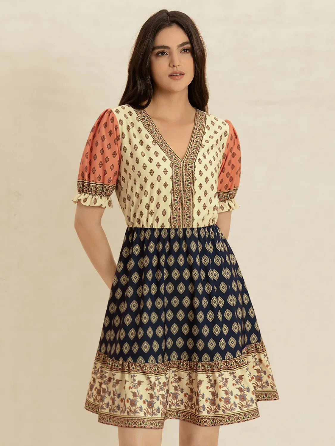 Printed V-Neck Short Sleeve Dress.
