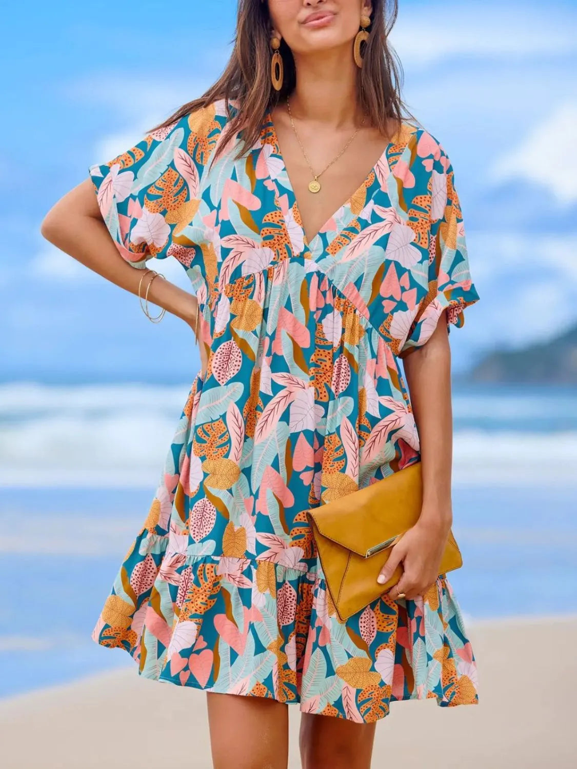 Printed V-Neck Short Sleeve Dress.