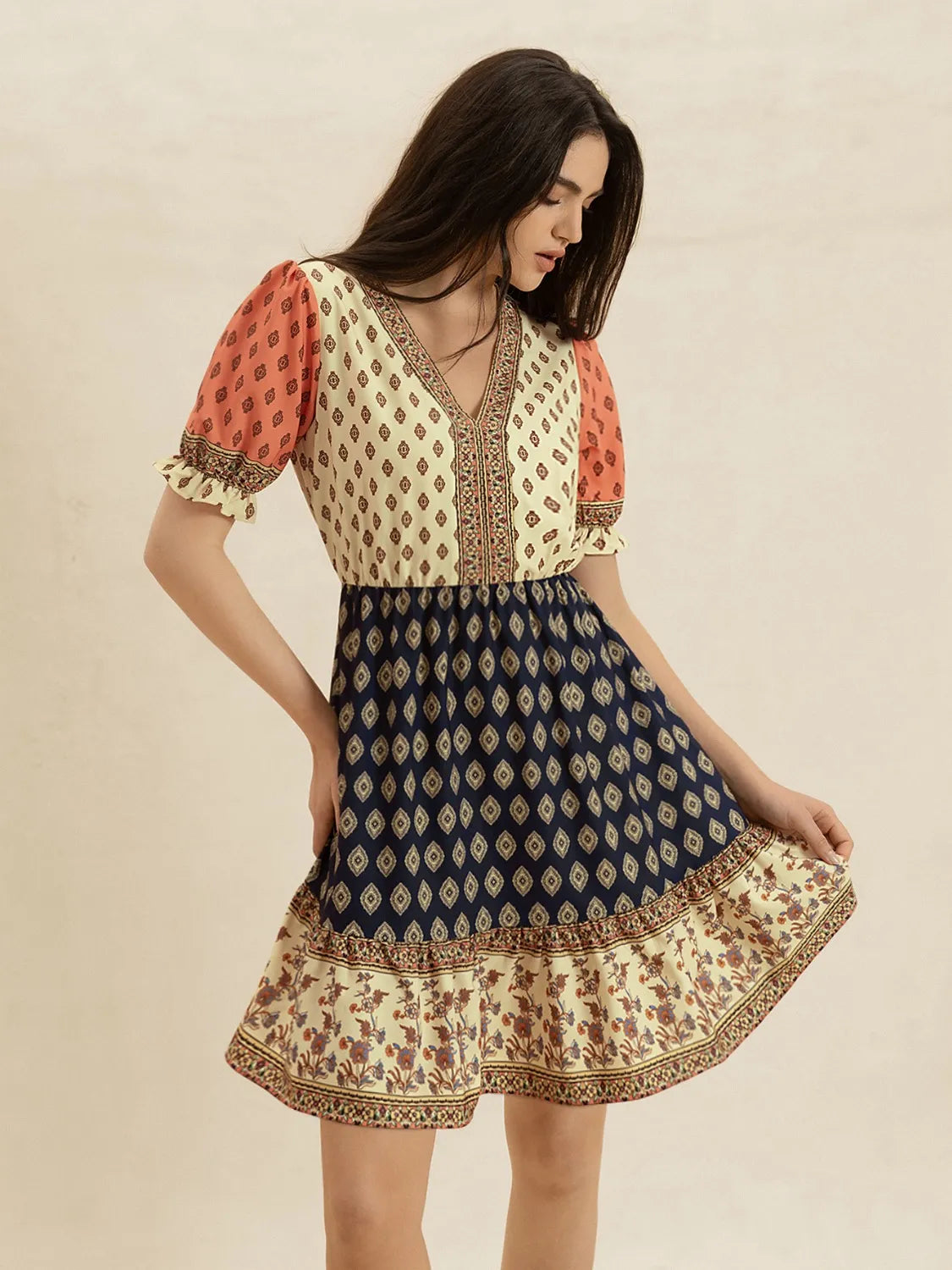 Printed V-Neck Short Sleeve Dress.