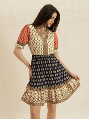 Printed V-Neck Short Sleeve Dress.