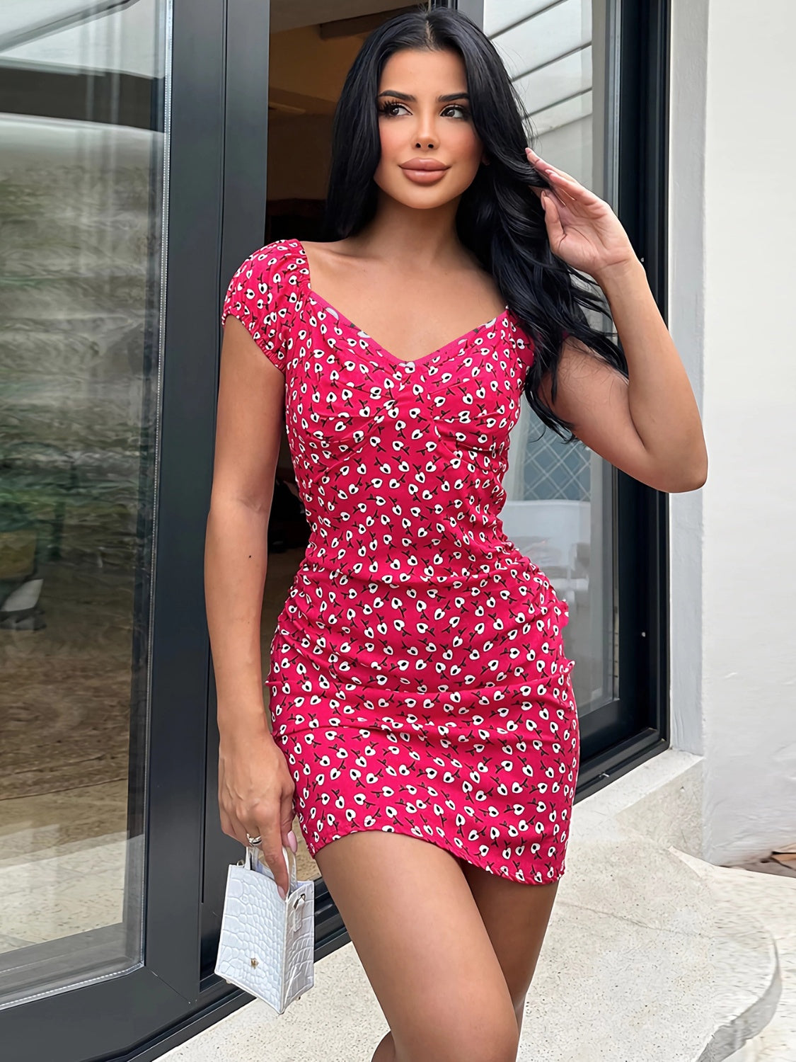 Printed V-Neck Short Sleeve Mini Dress.
