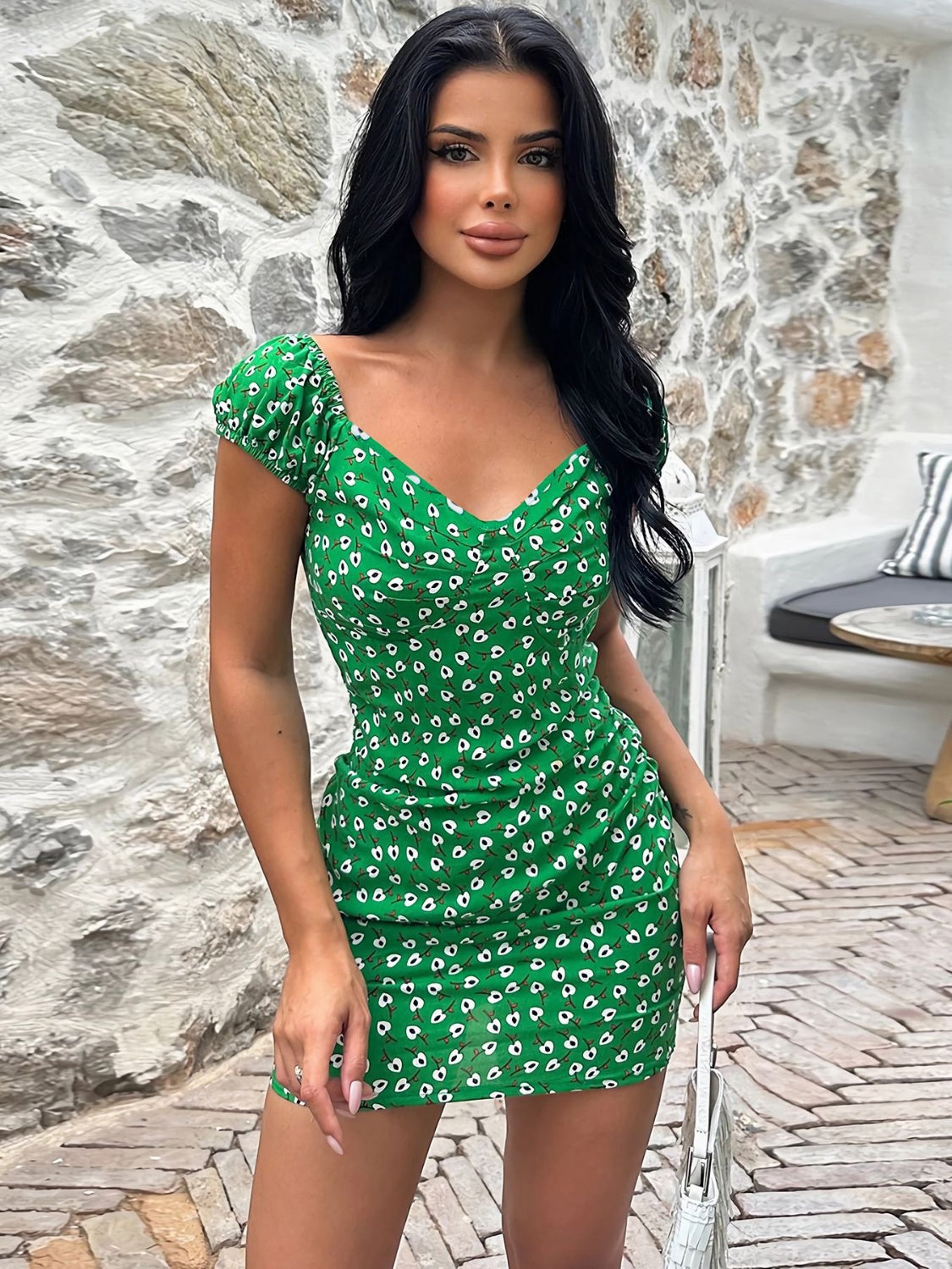 Printed V-Neck Short Sleeve Mini Dress.
