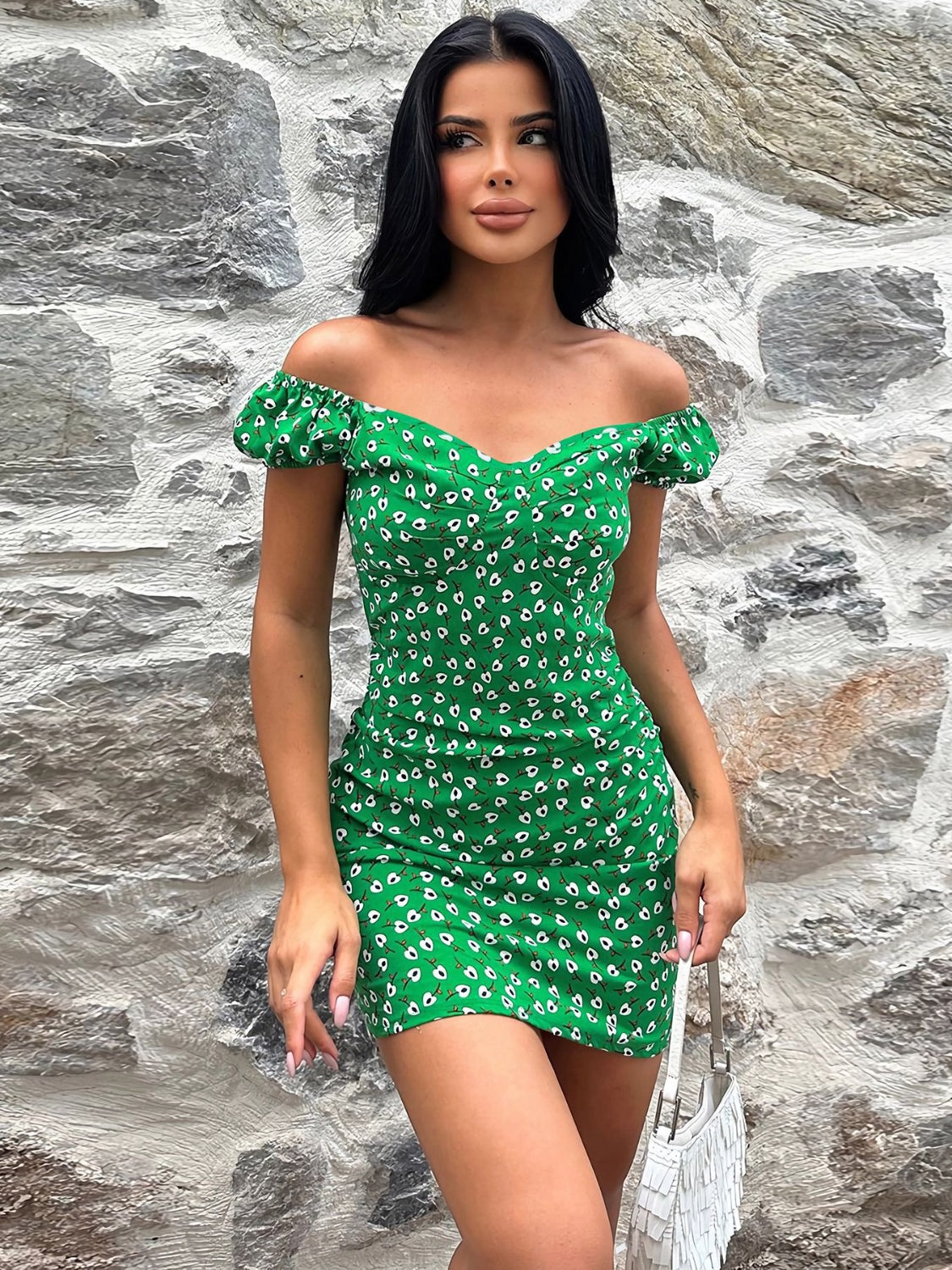 Printed V-Neck Short Sleeve Mini Dress.