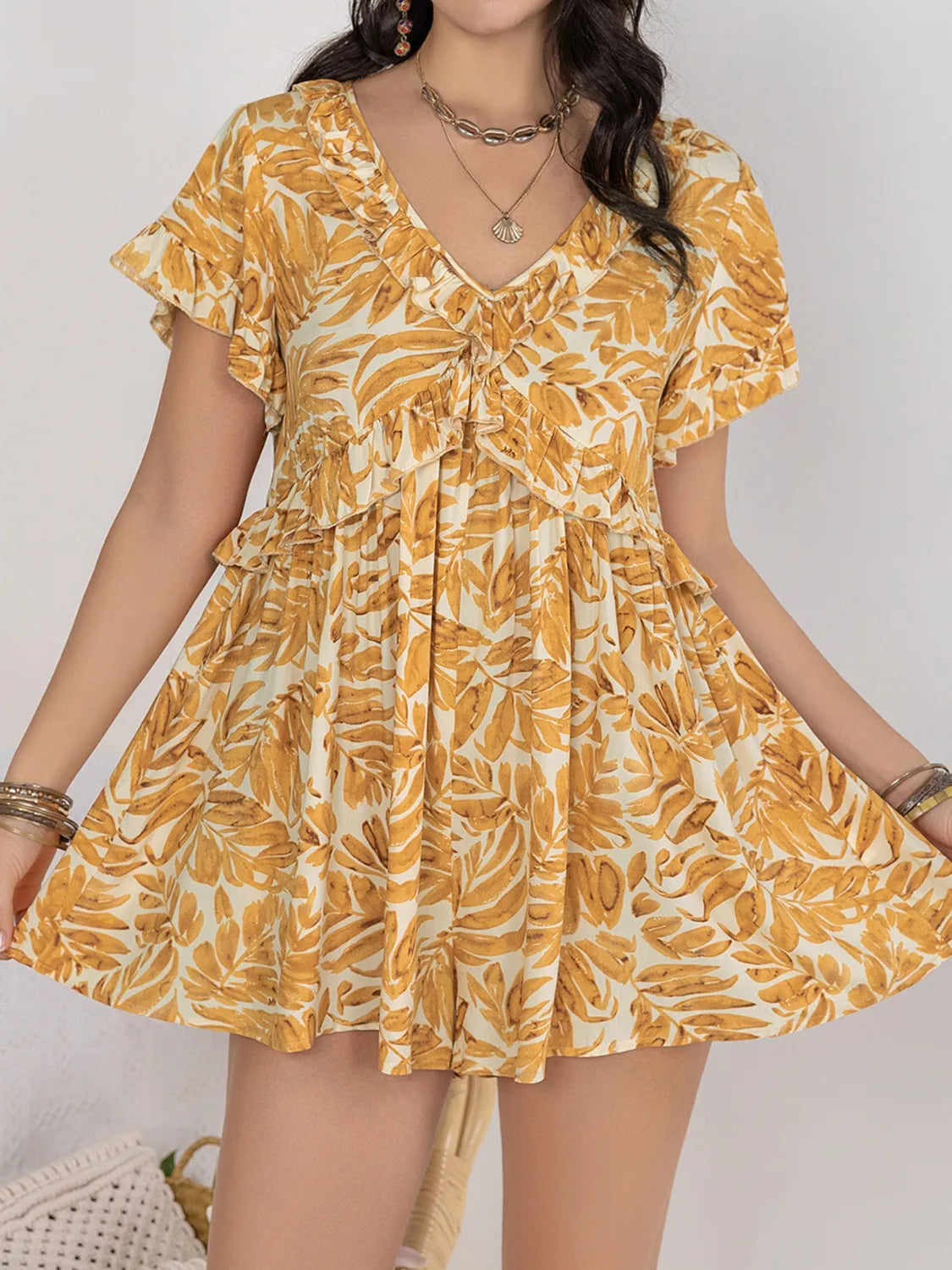 Printed V-Neck Short Sleeve Romper