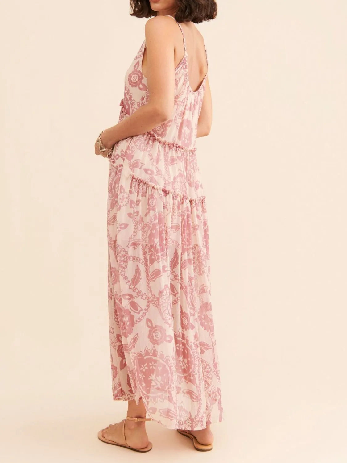Floral Print Ruffled Side Slit Tube Top Maxi Dress.