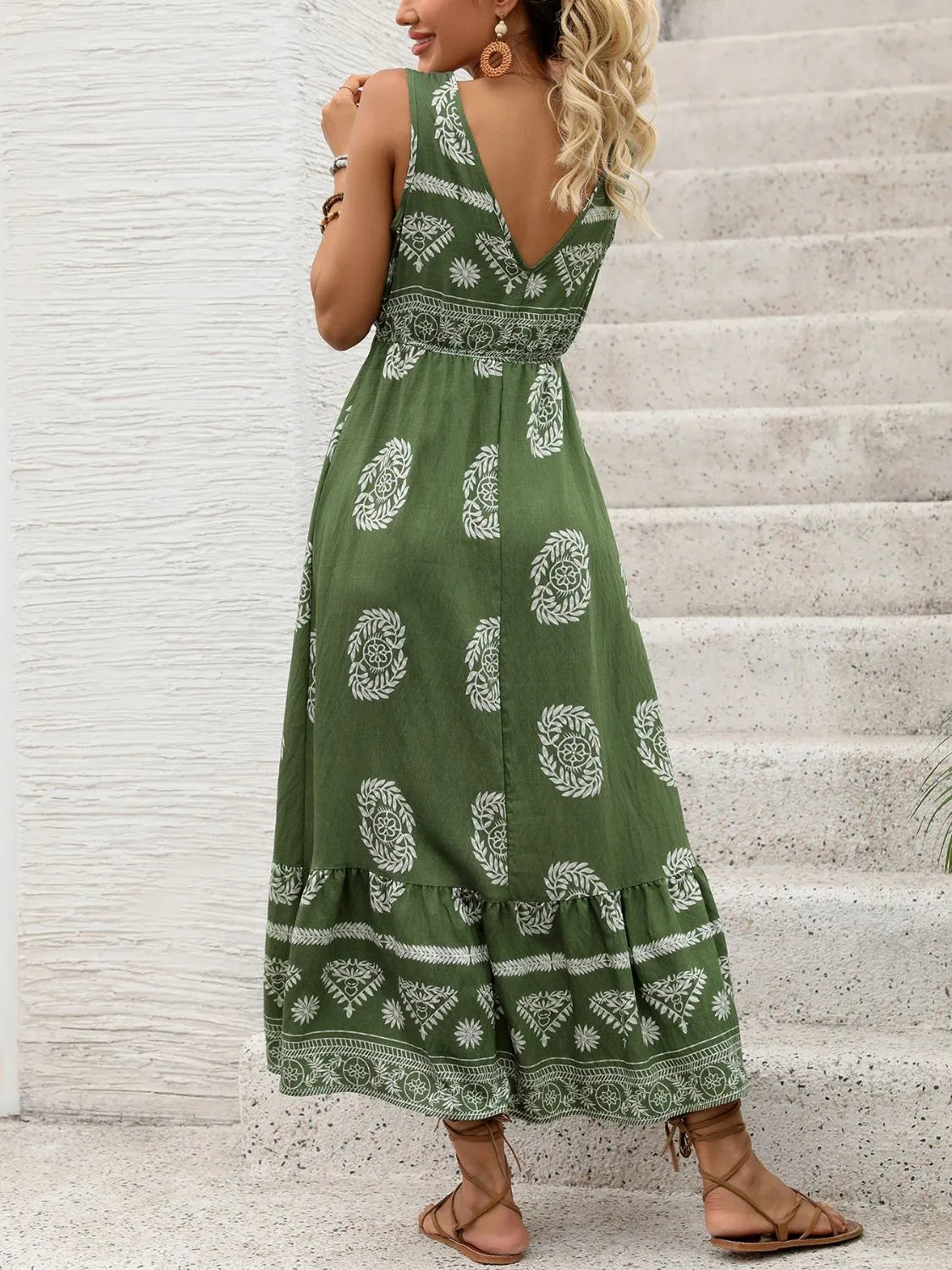 Printed V-Neck Sleeveless Dress.