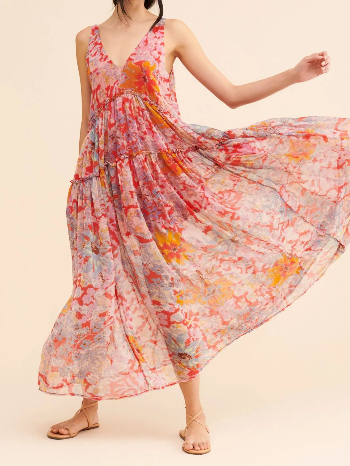 Floral Print Long Sleeve V-Neck Dress.