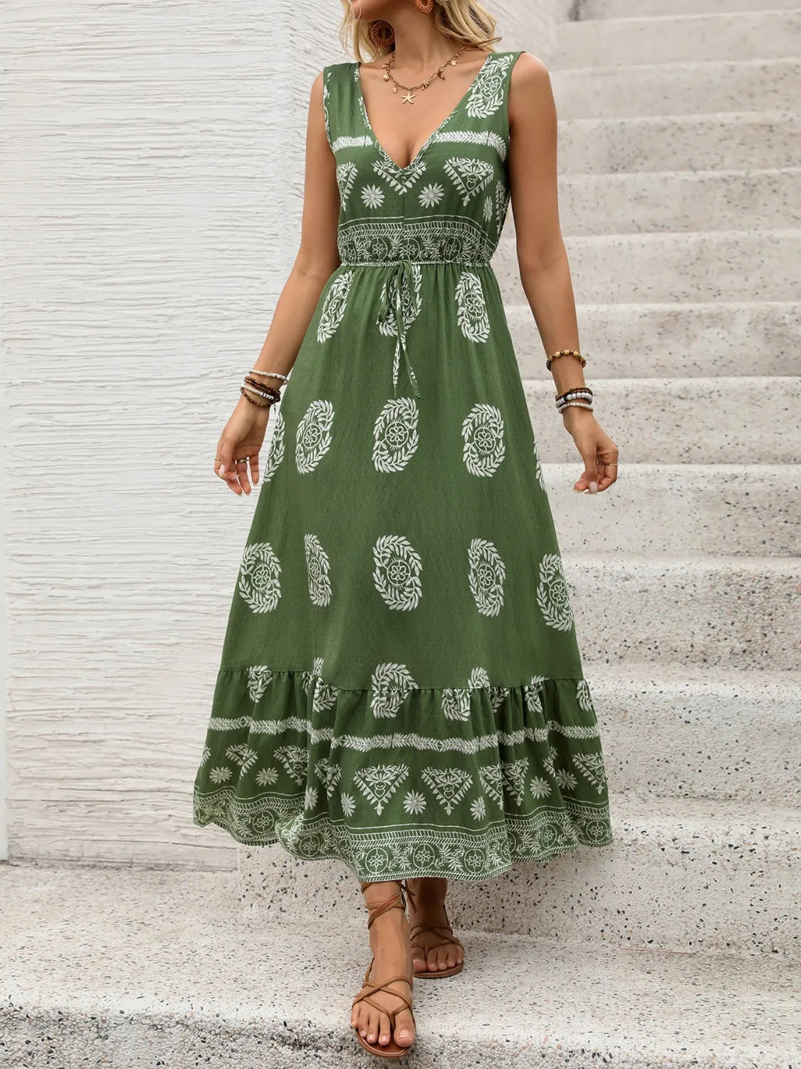 Printed V-Neck Sleeveless Dress.