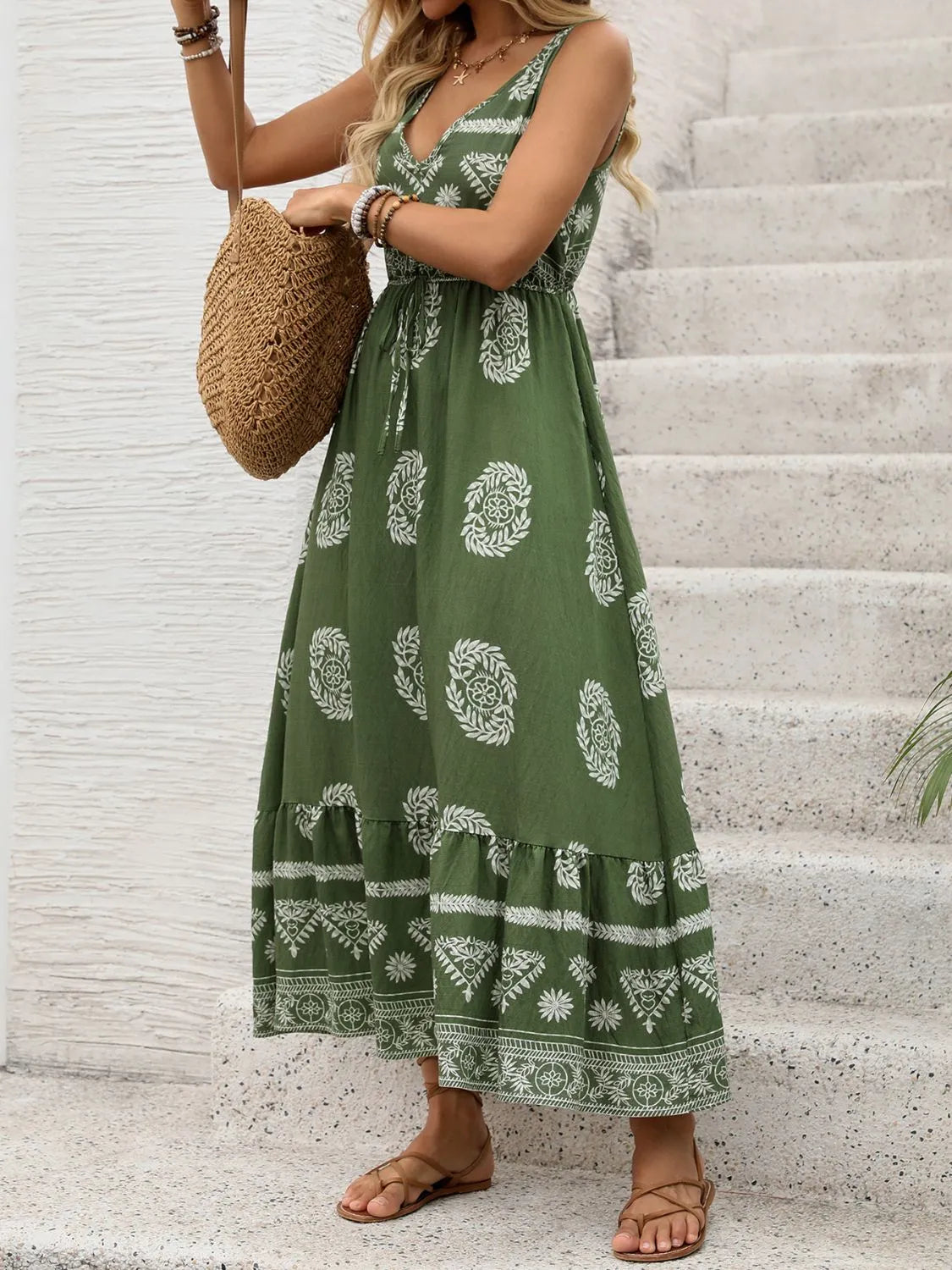 Printed V-Neck Sleeveless Dress.
