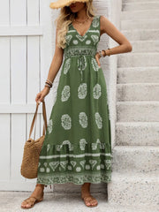 Printed V-Neck Sleeveless Dress.