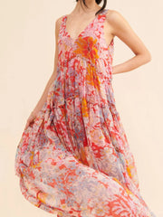 Printed V-Neck Sleeveless Dress.
