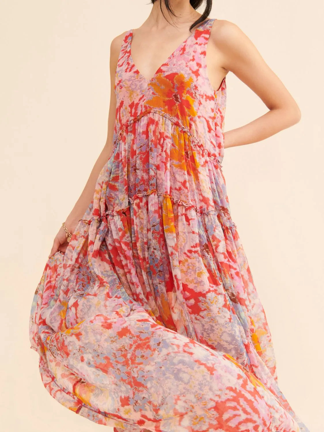 Printed V-Neck Sleeveless Dress.
