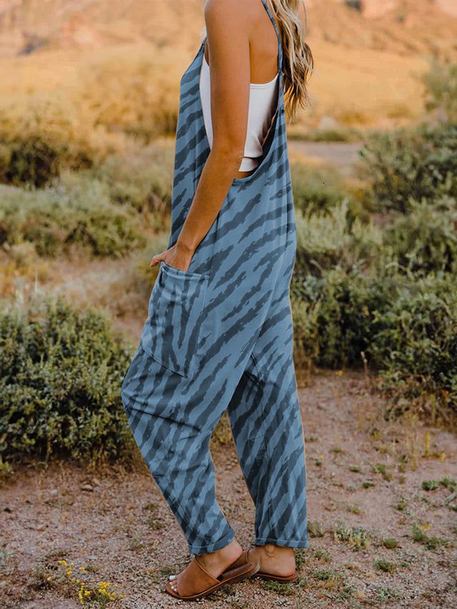 Printed V-Neck Sleeveless Jumpsuit with Pockets.