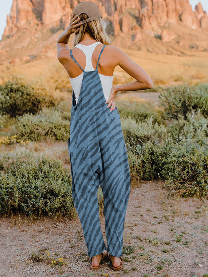 Printed V-Neck Sleeveless Jumpsuit with Pockets.