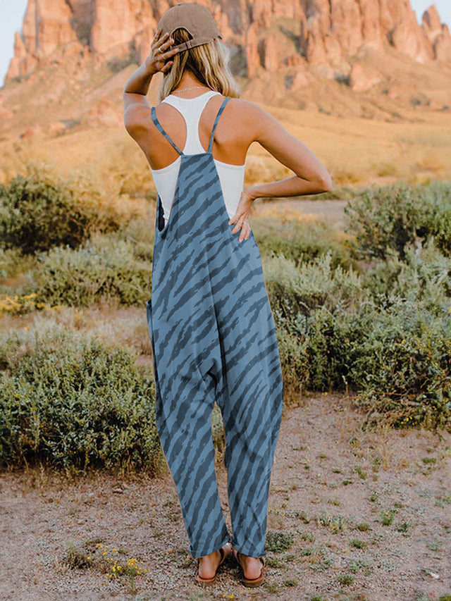 Printed V-Neck Sleeveless Jumpsuit with Pockets.