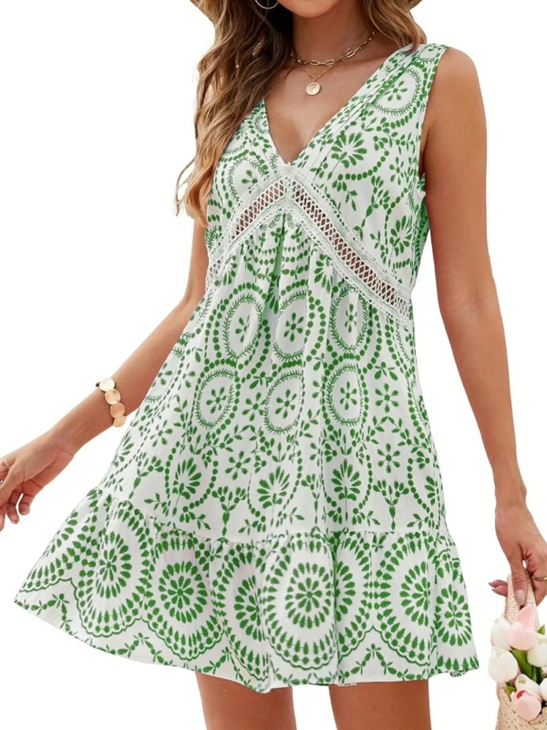 Printed V-Neck Sleeveless Mini Dress.
