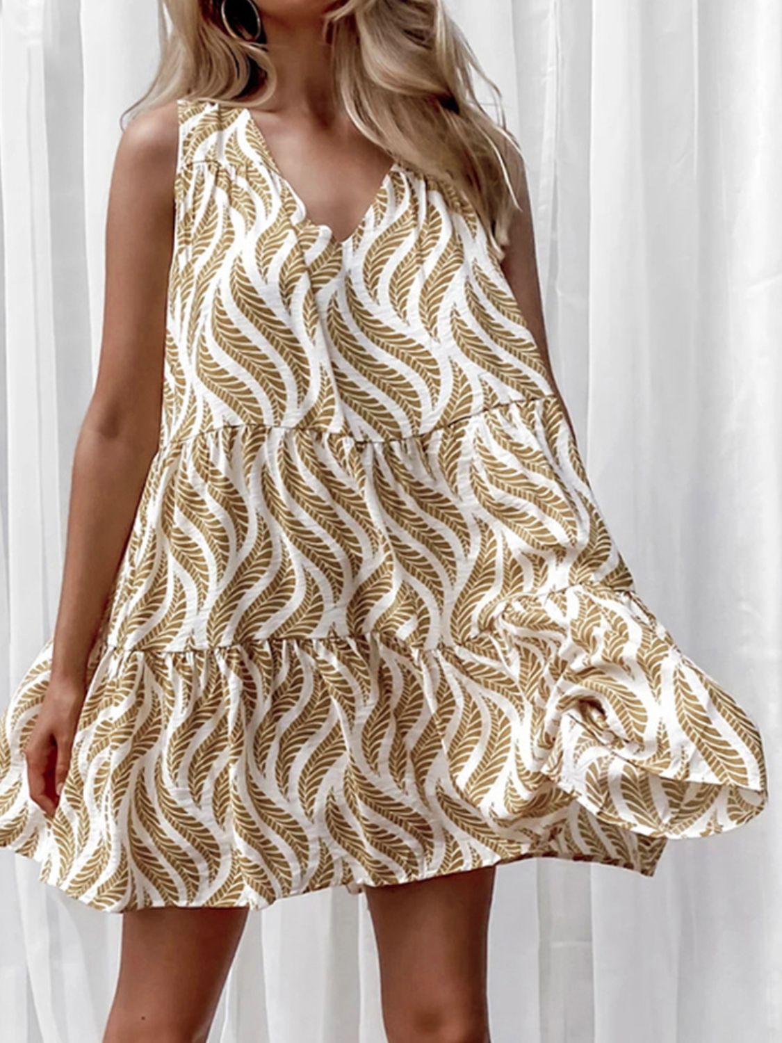 Printed V-Neck Sleeveless Mini Dress.