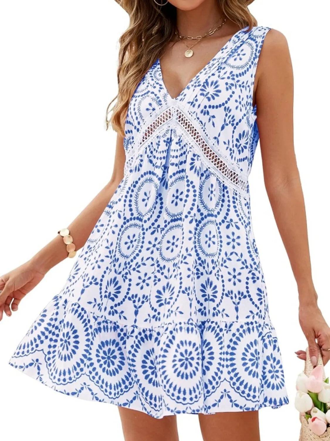 Printed V-Neck Sleeveless Mini Dress.