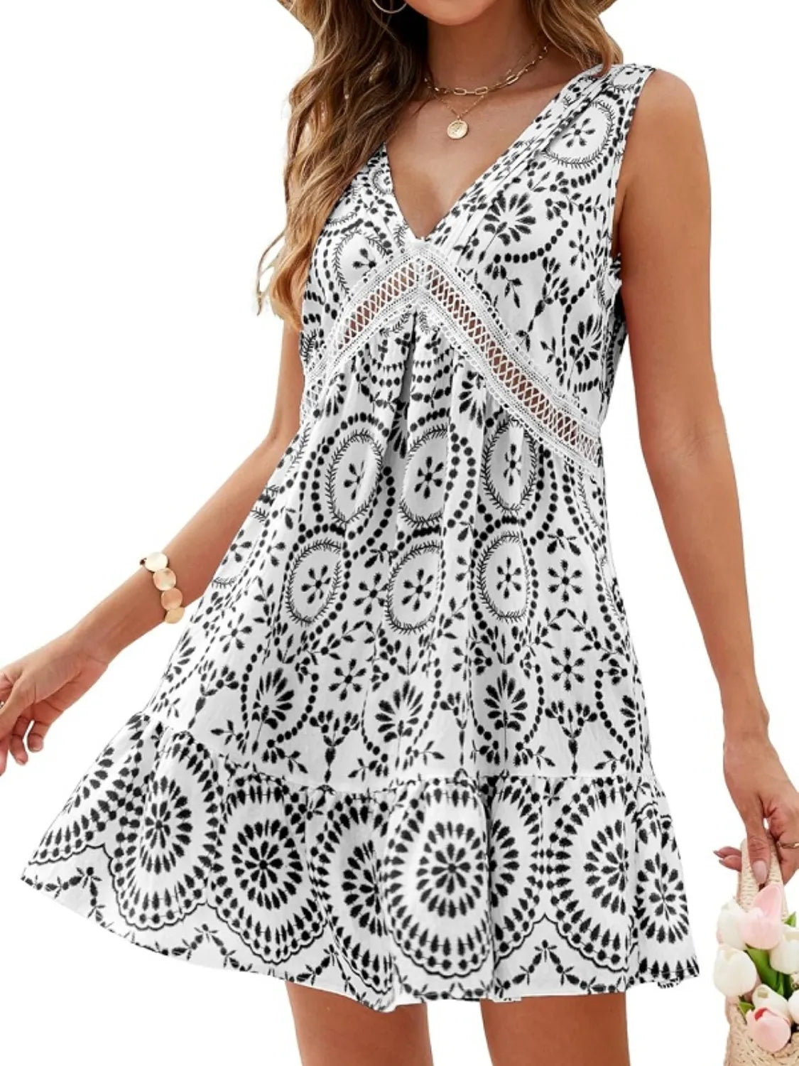 Printed V-Neck Sleeveless Mini Dress.