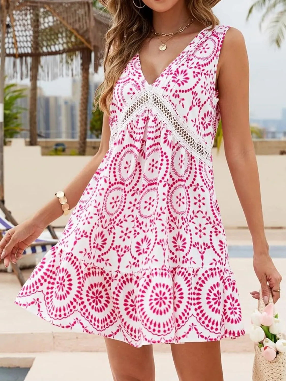 Printed V-Neck Sleeveless Mini Dress.