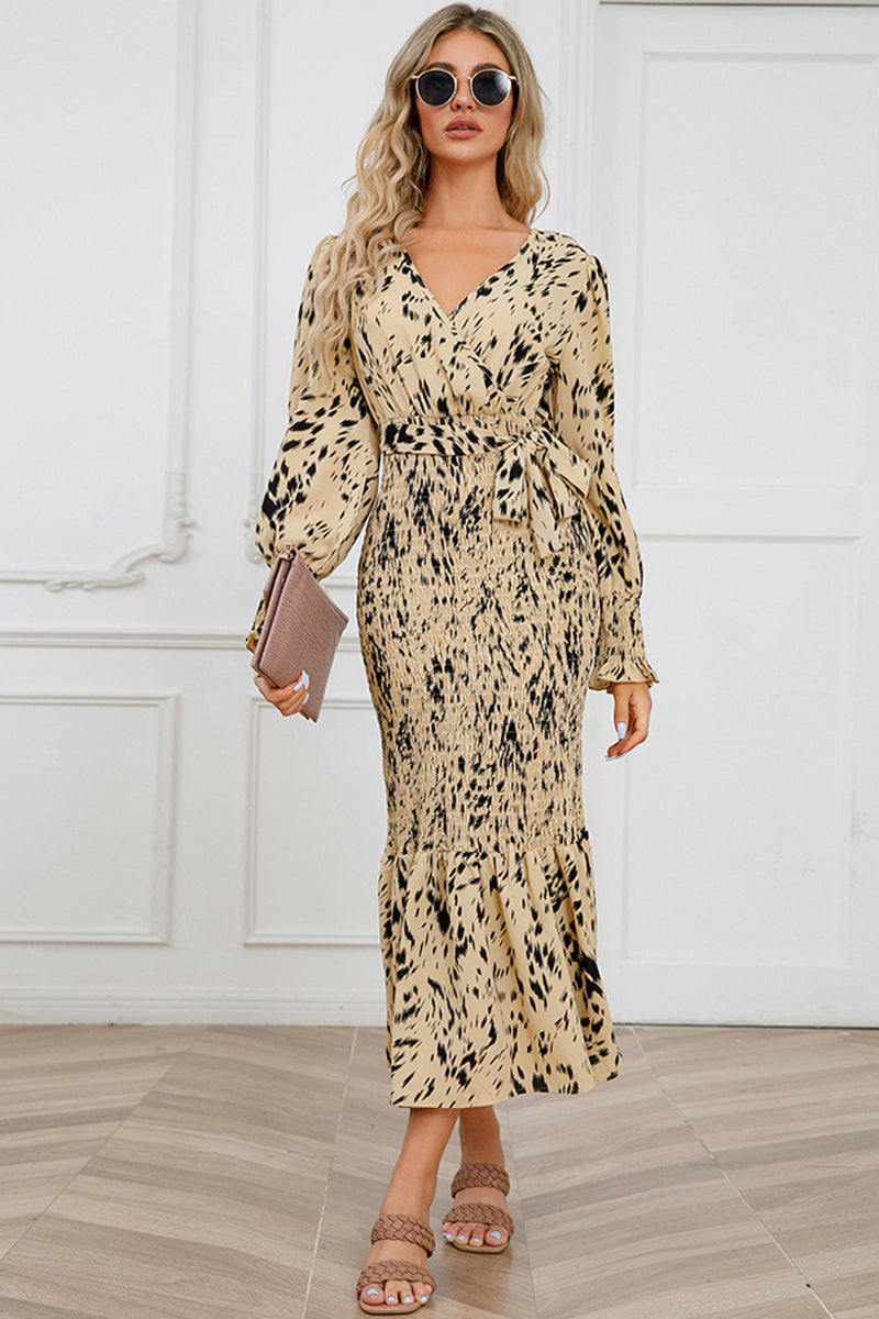 Printed V-Neck Smocked Midi Dress.