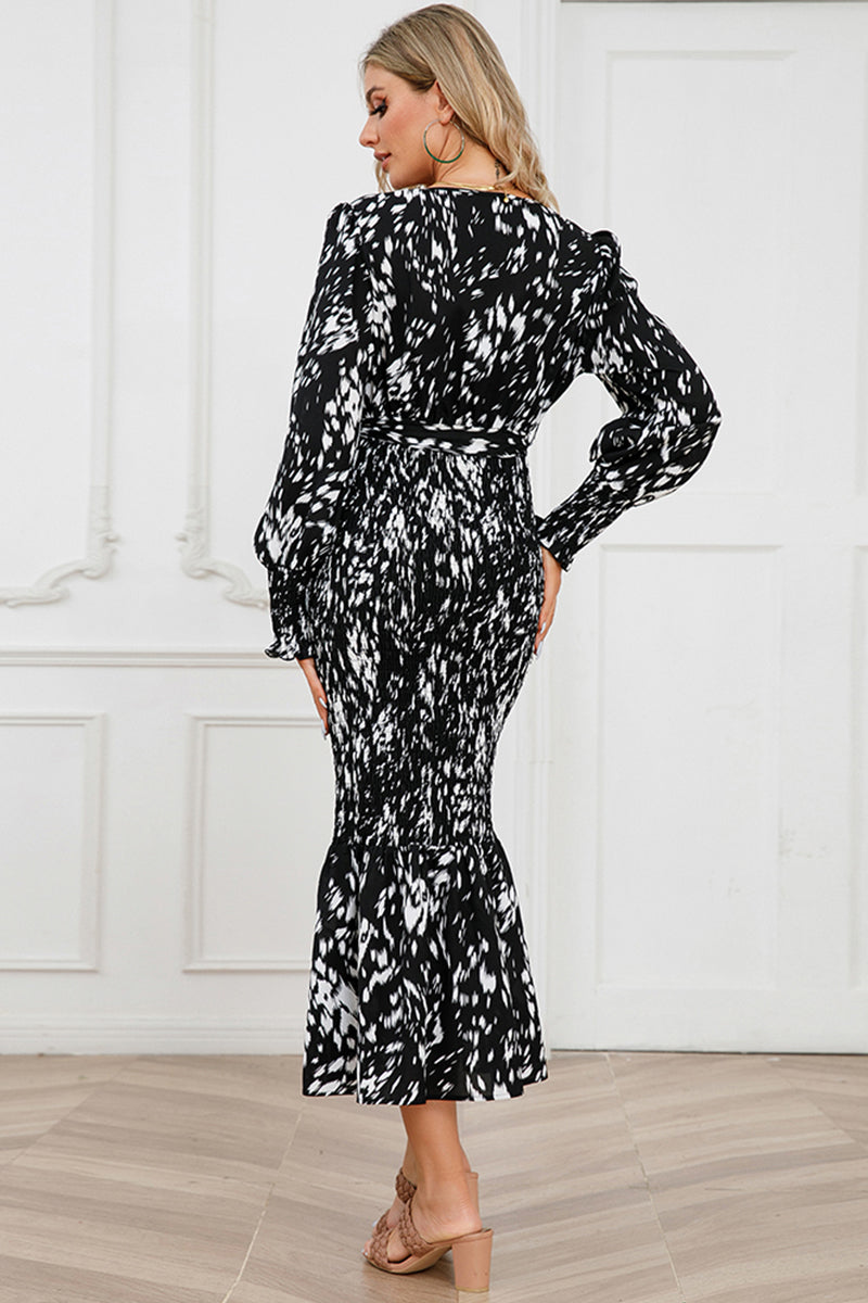 Printed V-Neck Smocked Midi Dress.