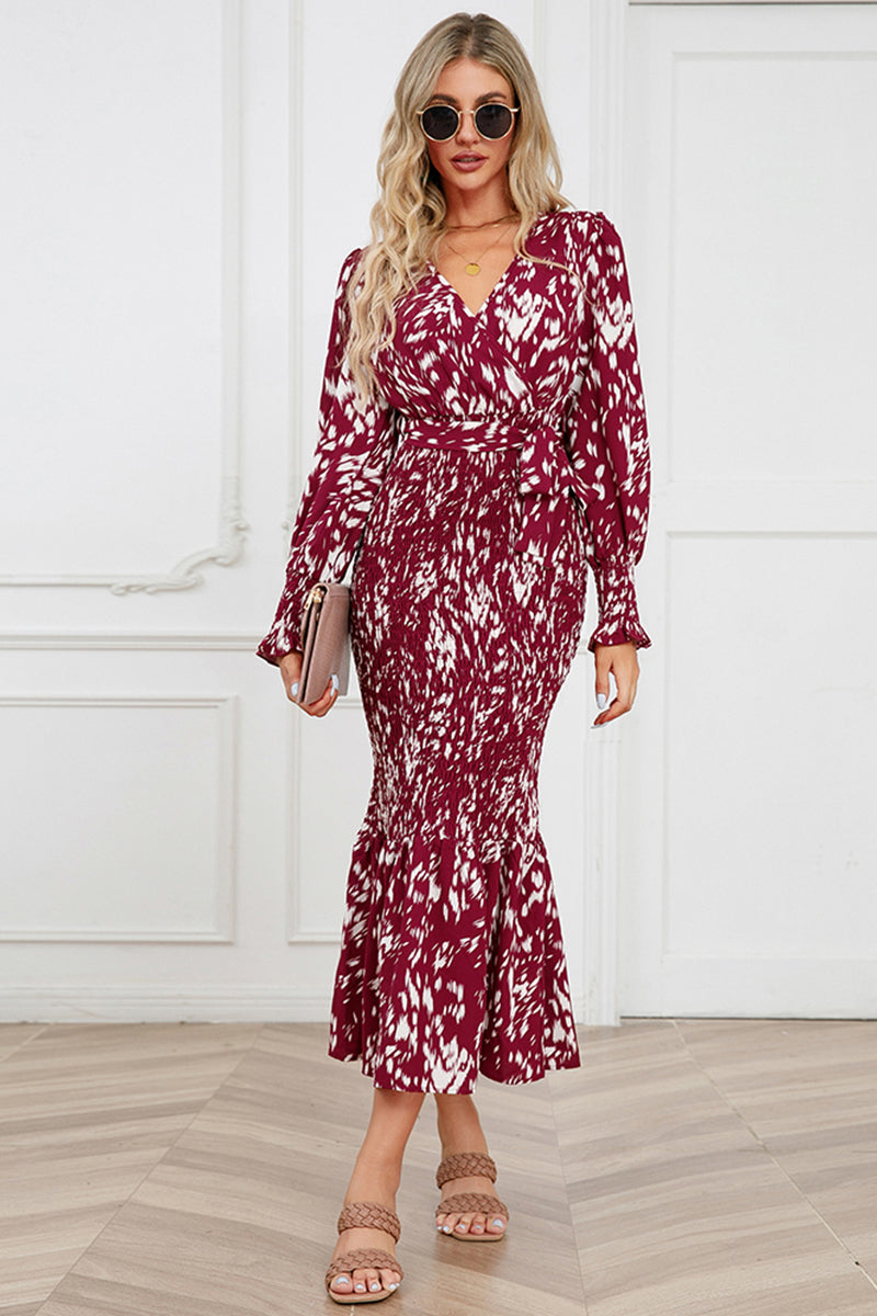 Printed V-Neck Smocked Midi Dress.