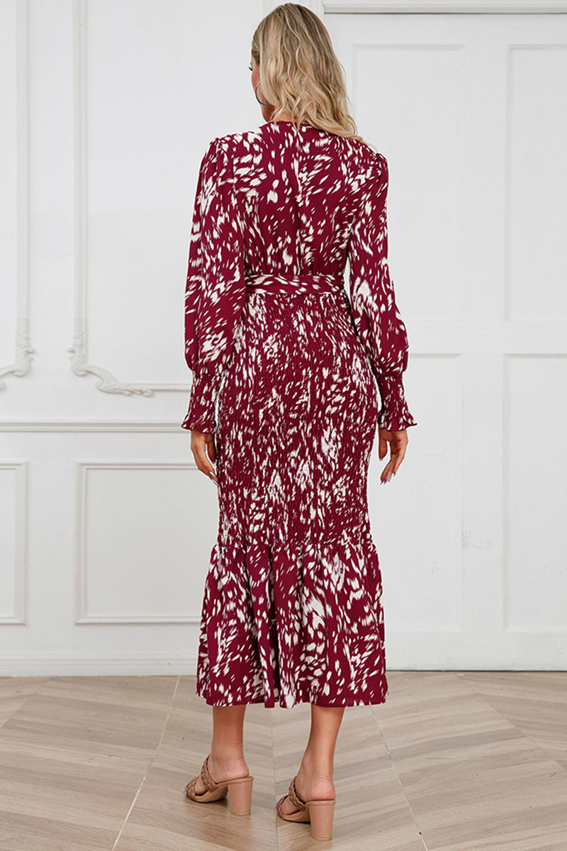 Printed V-Neck Smocked Midi Dress.