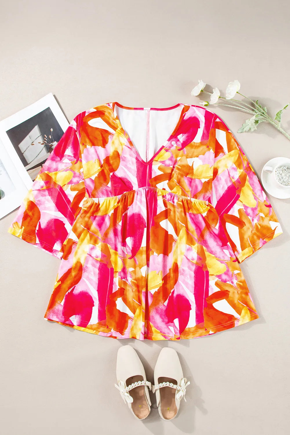 Printed V-Neck Three-Quarter Sleeve Blouse.
