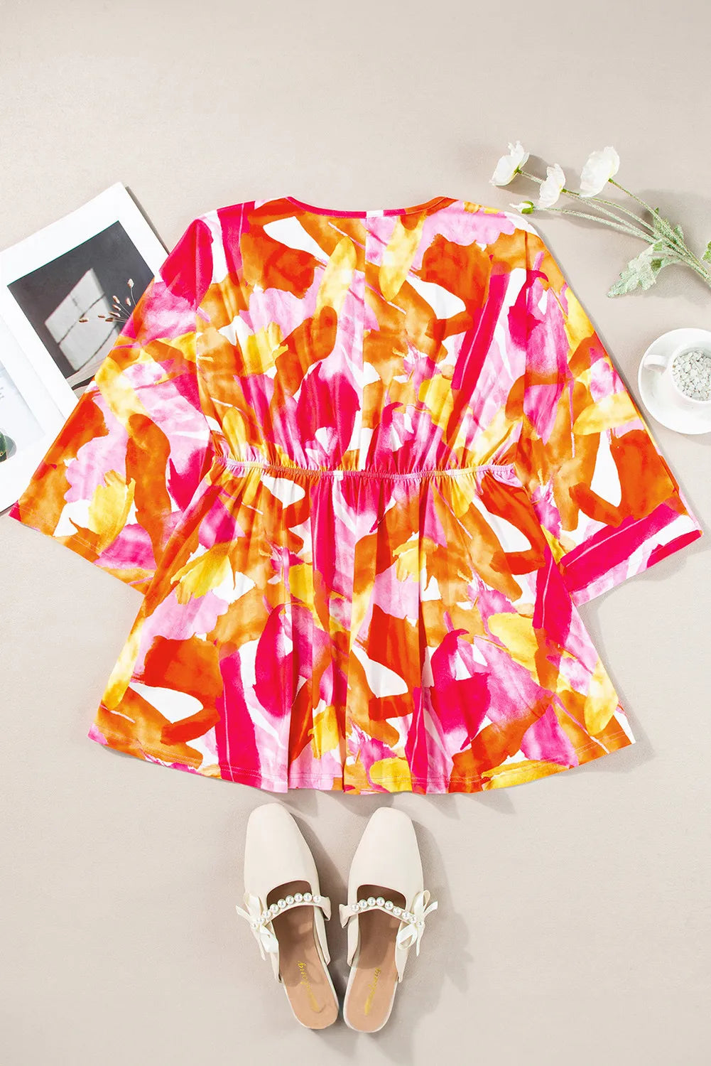 Printed V-Neck Three-Quarter Sleeve Blouse.