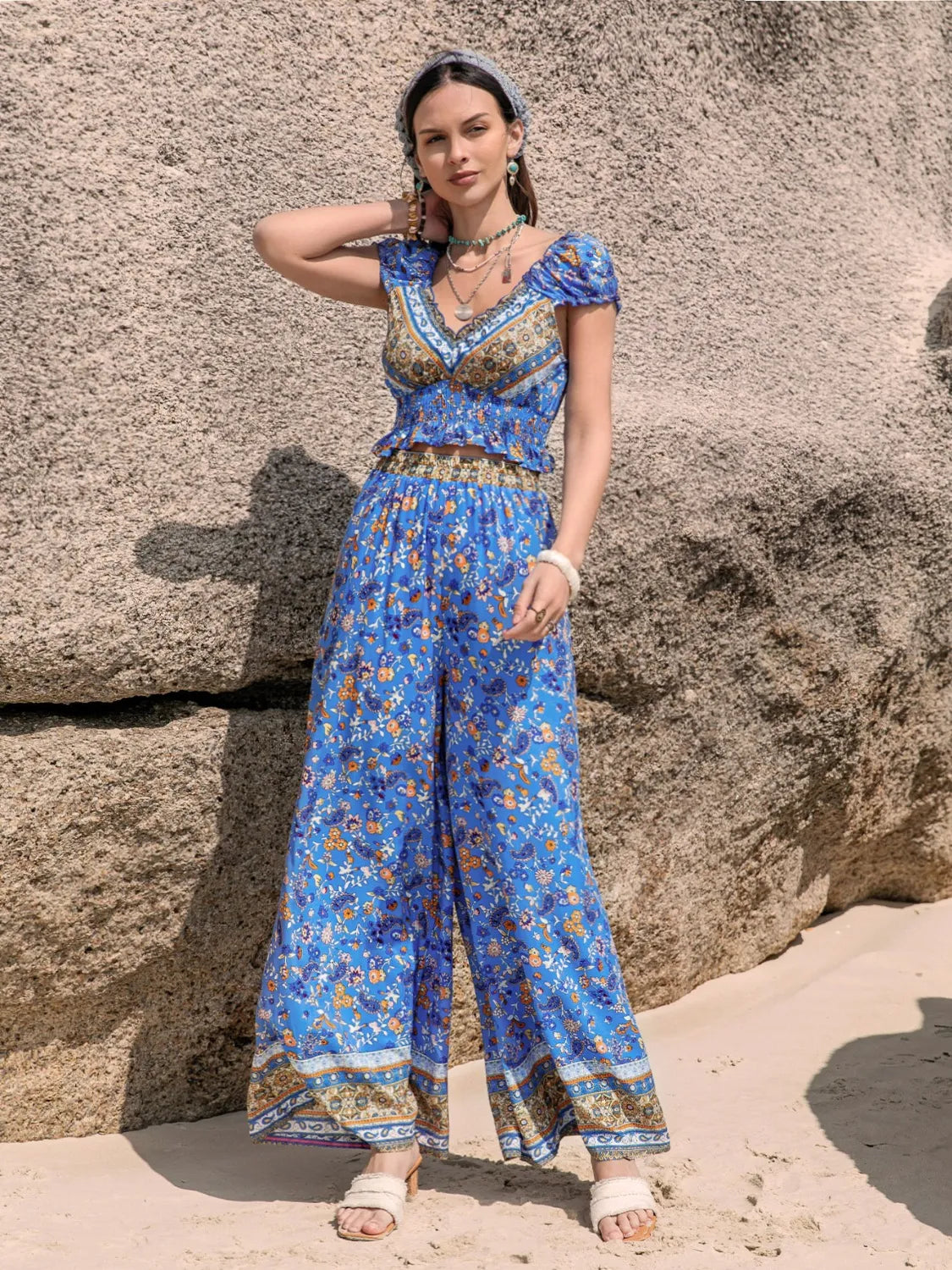 Printed V-Neck Top and Pants Set.