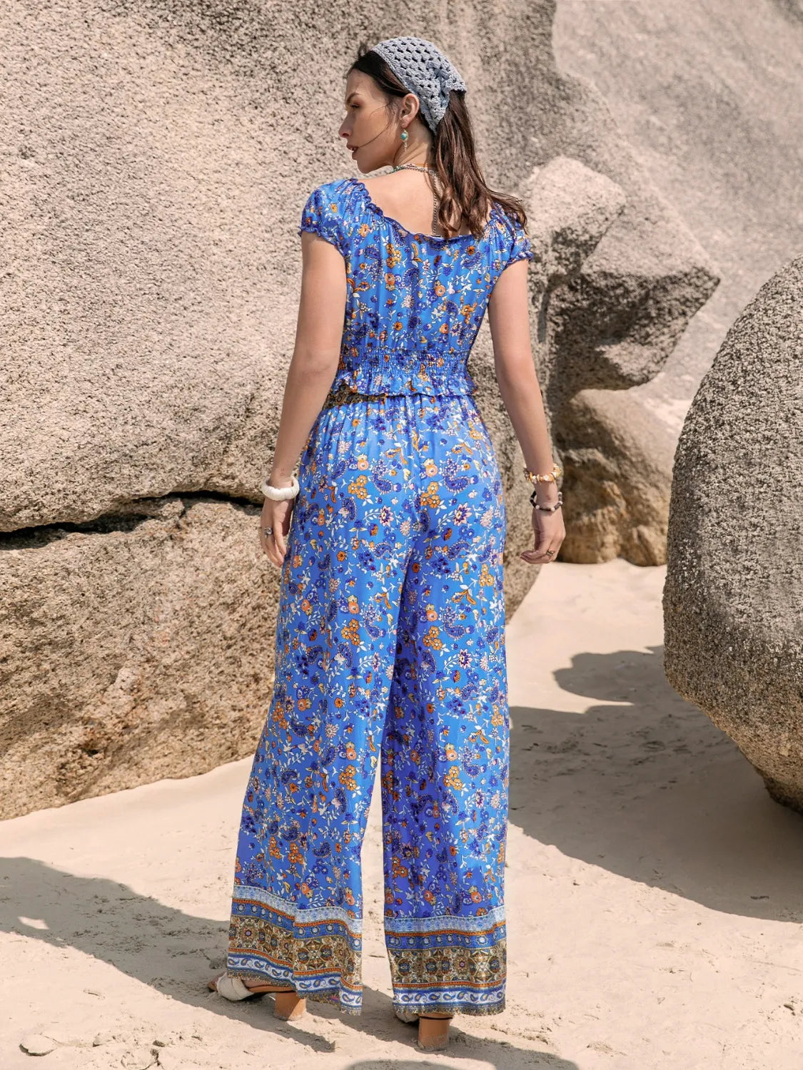 Printed V-Neck Top and Pants Set.