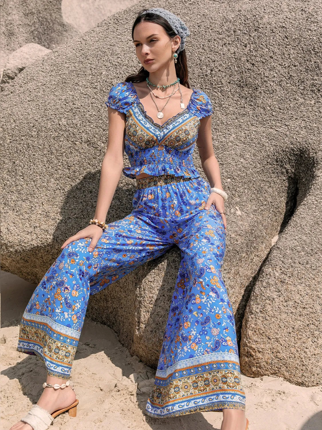 Printed V-Neck Top and Pants Set.
