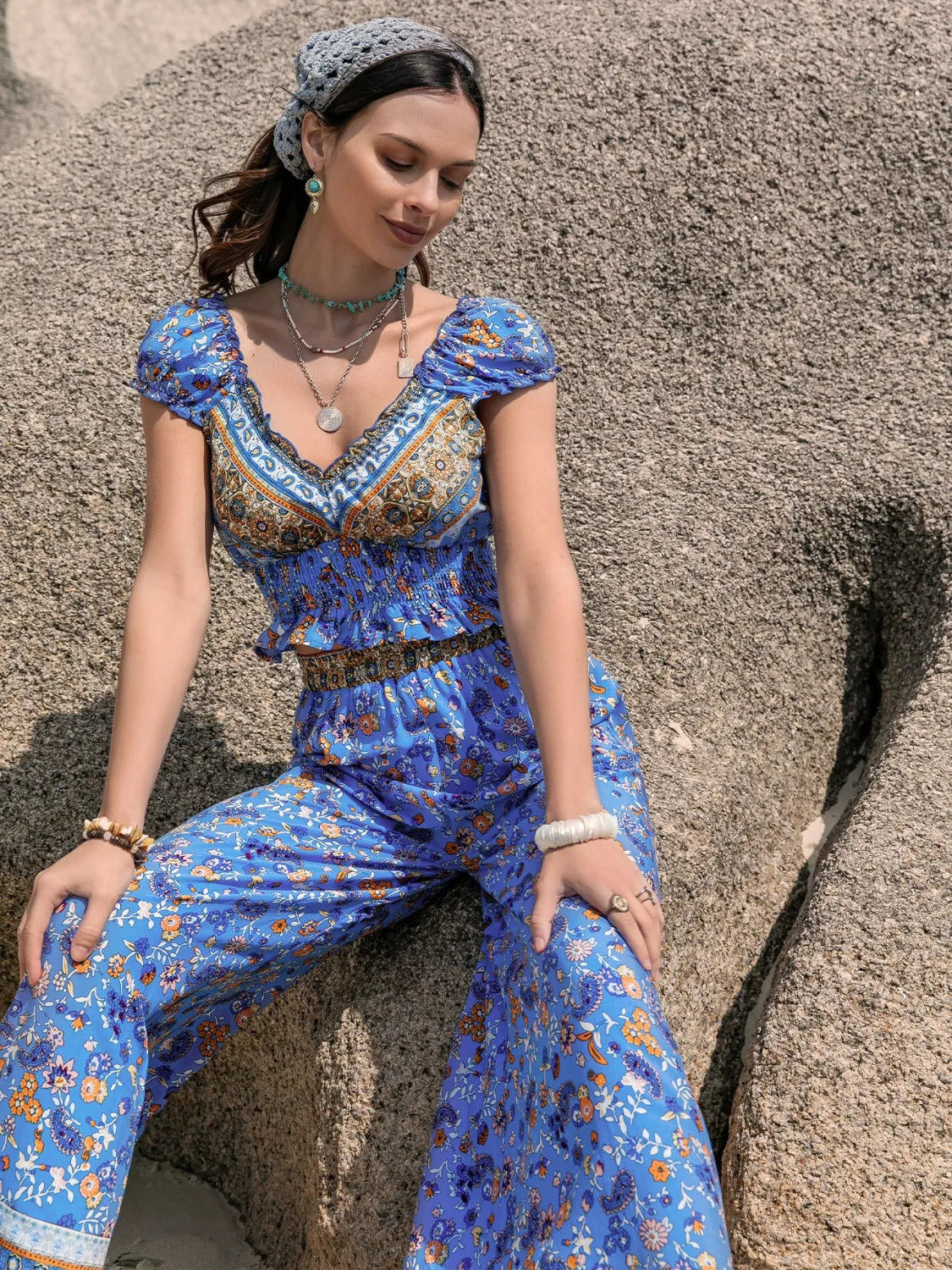 Printed V-Neck Top and Pants Set.